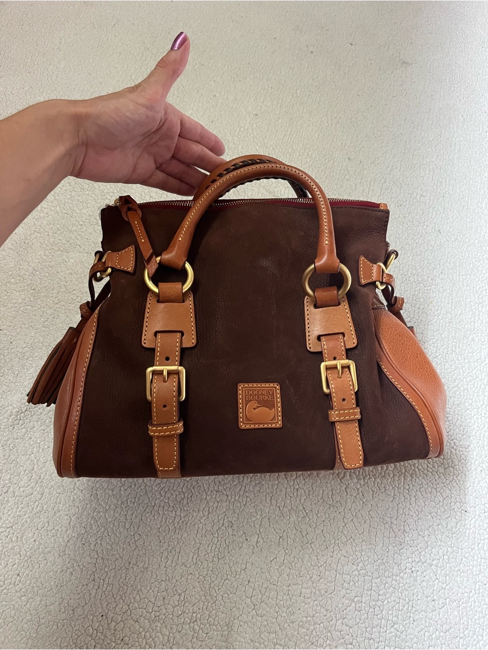Vintage Dooney & Bourke Flourentine Brown Suede Double Buckle Satchel Purse